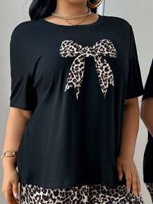 SHEIN Fashionable Leopard Print Bow Decor Round Neck Short Sleeve Casual Loose Fit Sleepwear Top, Plus Size - Black - View 5
