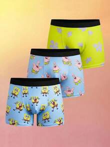 SpongeBob SquarePants | SHEIN 3 pièces/Paquet Slips pour hommes à taille élastique avec imprimé de bandes dessinées - Bleu azur - Voir 2