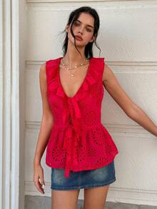Cévolie Women's Casual Everyday Wear Embroidered Ruffle Hem Blouse - Red - View 4