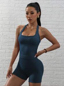 Slayform Slayform Women's Solid Color Square Neck Sleeveless Fashionable Fitted Yoga High Waist Sportswear Set Fitness Dress Short Sport Dresses Built In Bra - Navy Blue - View 5