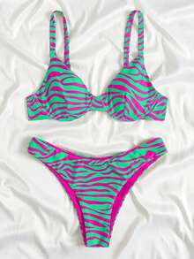 Swim Vcay 女性斑馬紋性感比基尼套裝，適用於度假 - 玫紅色 - 查看 3