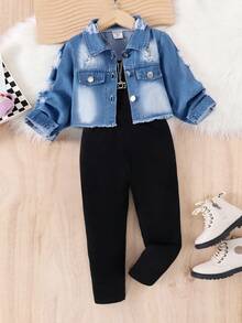 SHEIN Elladie kids 2件組少女休閒日常穿搭套裝，破洞設計鈕扣長袖上衣搭配簡約直筒長褲，秋季款 - 黑色 - 查看 8