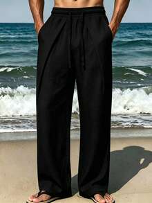 VIVINTIMO Men's Solid Color Drawstring Waist Pocket Straight Leg Casual Pants, Holiday - Black - View 3