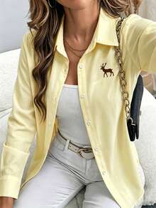 SHEIN PariChic 刺绣条纹翻领长袖纽扣休闲衬衫 - 淡黃色 - 查看 6