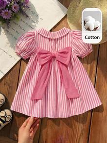 SHEIN LMoss Kids 女嬰編織條紋泡泡袖休閒領口襯衫洋裝 - 粉色 - 查看 9