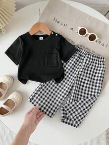 SHEIN Playful Pals 2 件女婴格子印花休闲韩版舒适时尚百搭服装，春夏 - 黑與白 - 查看 4
