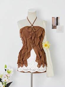 Elamini Top sin mangas bohemio de gasa con diseño de aro de resina - Marrón - Ver 6