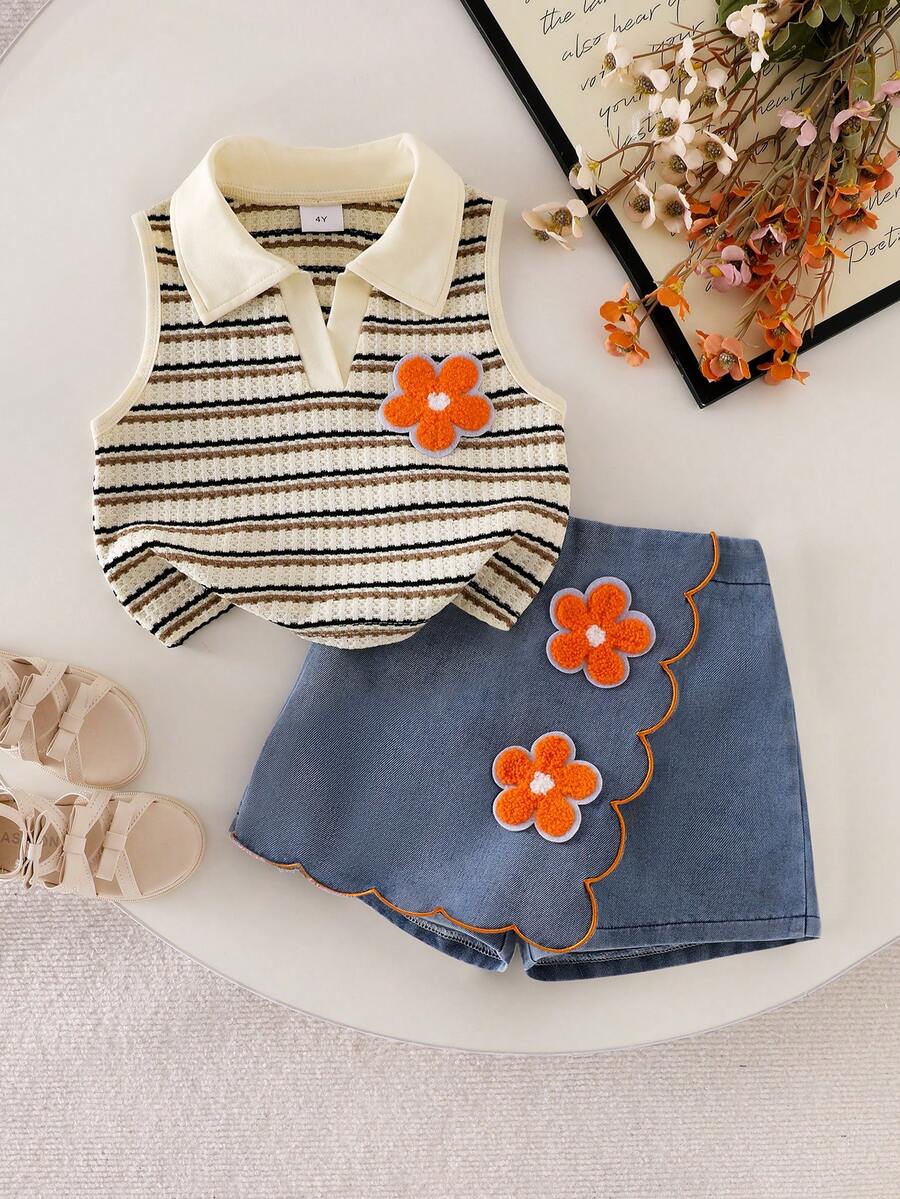 Elladie kids 2件套女童夏季新款杏色纹理针织面料领口花朵装饰背心上衣和牛仔裙裤荷叶边刺绣花朵套装 - 杏色 - 查看 1