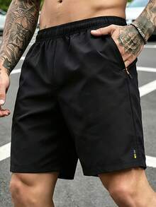 Manfinity Homme Pantalones cortos casuales y versátiles con cordón en la cintura para hombres - Negro - Ver 2