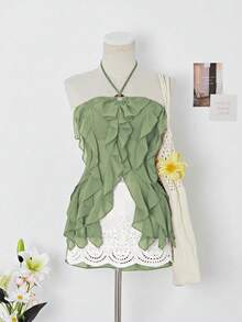 Elamini Resin Round Hoop Design Semi-Sheer Bohemian Halter Top - Army Green - View 7