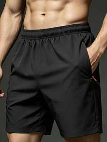 Manfinity Homme Men's Solid Color Elastic Waist Casual Shorts For Summer Daily Wear - Black - View 2