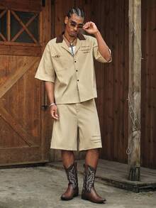 CalleClaro Men's Contrast Color Splice Collar Short Sleeve Shirt Set, Front Button, Summer - Khaki - View 8