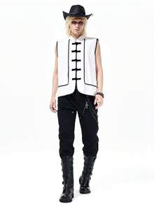 ROMWE MEN Street Life Men's Frog Button Lace Patchwork Contrast Color Fashion Denim Vest - Black and White - View 7