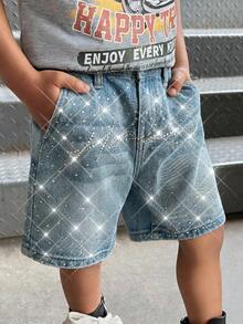 SHEIN Young BoyGlitter Letter Rhinestone Decor Loose Fit Blue Denim Shorts - Light Wash - View 5