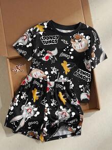 LOONEY TUNES X SHEIN 2件組 小男孩休閒可愛卡通印花圓領短袖T恤與短褲套裝，夏季 - 黑色 - 查看 7
