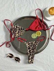 Swim Mod Conjunto de bikini de mujer con tirantes finos, estampado de leopardo con patrón aleatorio y cuentas, primavera/verano - Multicolor - Ver 3
