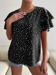 SHEIN Holidaya 女款圓領波點圖案休閒荷葉邊短袖襯衫 - 黑色 - 查看 6