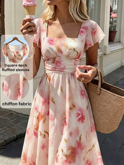 SHEIN PariChic 女士优雅印花方领泡泡袖A字连衣裙，适合花园、浪漫、法式、优雅、约会、度假、休闲、夏季、海滩、假日等场合穿着。