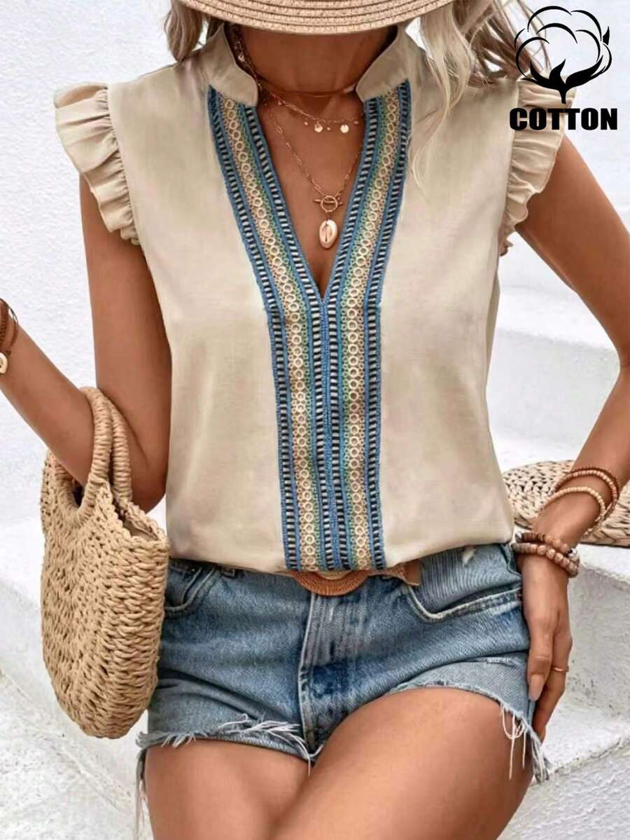 SHEIN Holidaya 女款V領拼色休閒波西米亞風百搭日常出遊襯衫 米色 夏季度假