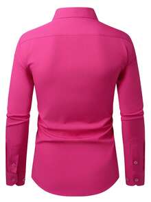 Manfinity Mode Camisa casual de manga larga de un solo color con abotonadura sencilla para hombres, para uso diario y ceremonias - Rosa Fucsia - Ver 2