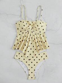 Swim Vcay 女款度假前交叉百褶波點印花細肩帶上衣與三角泳褲比基尼套裝，隨機印花 - 淡黃色 - 查看 6