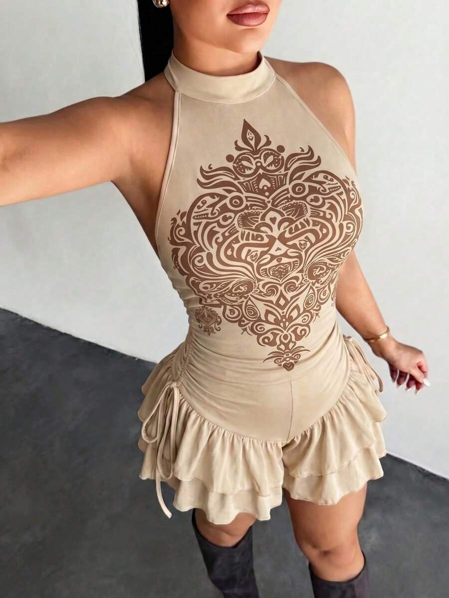 SHEIN SXY Plus Size Women Beige Summer Boho Vacation Khaki High-Elastic Knit Retro Print Backless Pleated Drawstring Ruffled Hem Slim Short Jumpsuit,Romper
