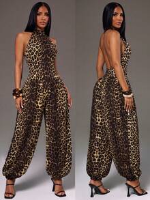Radiana Women's Summer Minimalist Casual Fashion Leopard Print Jumpsuit, Sexy Halter Neck Backless Jumpsuit, Balloon Leg Jumpsuit, Lantern Pants, High Elastic Knit Jumpsuit, Commuter Jumpsuit, Commuter Pants, Casual Pants, Daily Casual Outing Wear, Workplace Jumpsuit Long Pants, Beach Casual Pants, Beach Pants, Summer Outfit, Vacation Outfit, Holiday Outfit - Multicolor - View 2