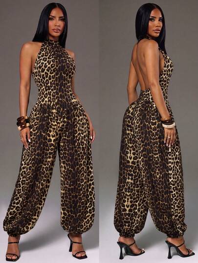 Radiana Women's Summer Minimalist Casual Fashion Leopard Print Jumpsuit, Sexy Halter Neck Backless Jumpsuit, Balloon Leg Jumpsuit, Lantern Pants, High Elastic Knit Jumpsuit, Commuter Jumpsuit, Commuter Pants, Casual Pants, Daily Casual Outing Wear, Workplace Jumpsuit Long Pants, Beach Casual Pants, Beach Pants, Summer Outfit, Vacation Outfit, Holiday Outfit