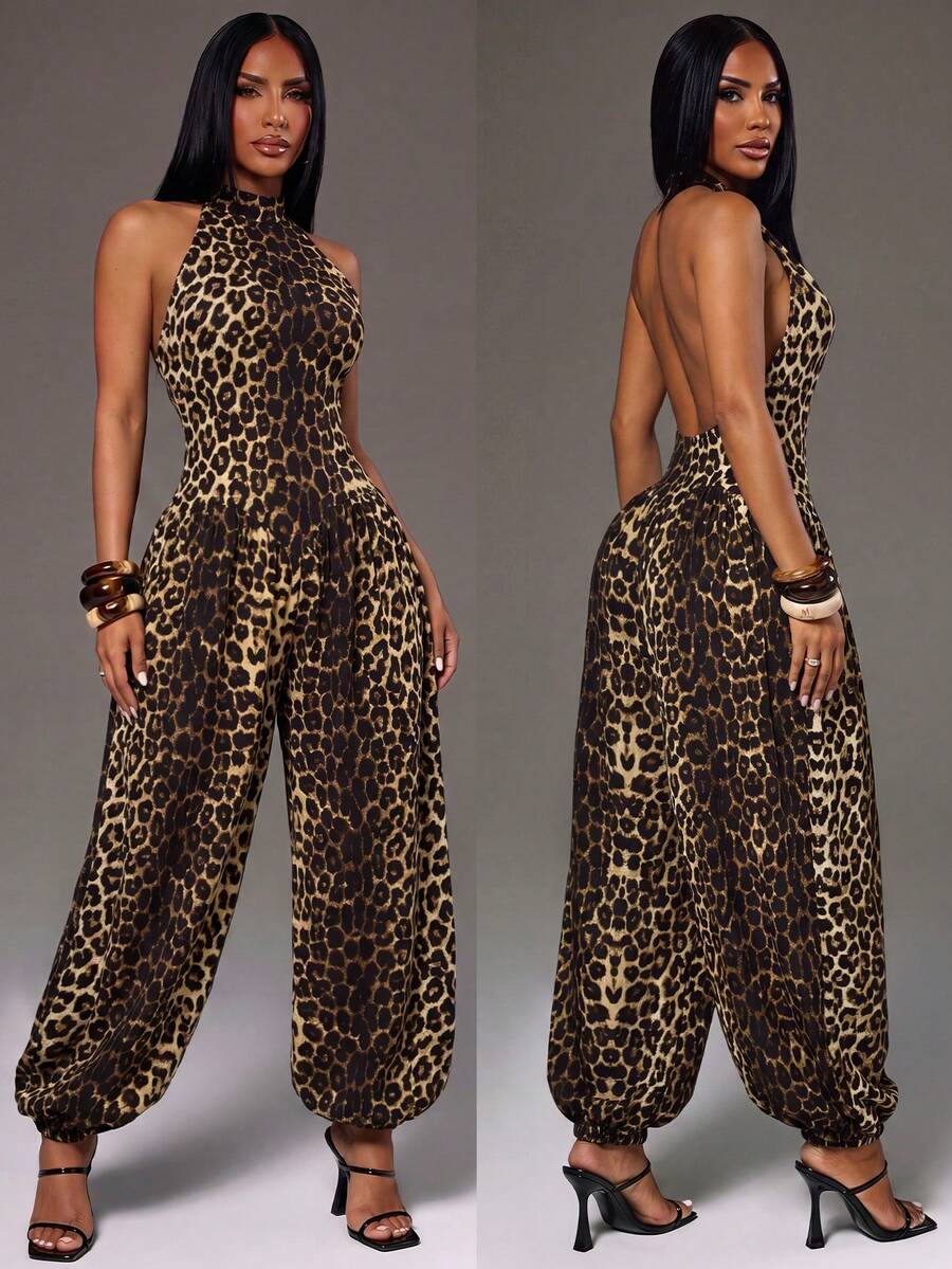 Radiana Women's Summer Minimalist Casual Fashion Leopard Print Jumpsuit, Sexy Halter Neck Backless Jumpsuit, Balloon Leg Jumpsuit, Lantern Pants, High Elastic Knit Jumpsuit, Commuter Jumpsuit, Commuter Pants, Casual Pants, Daily Casual Outing Wear, Workplace Jumpsuit Long Pants, Beach Casual Pants, Beach Pants, Summer Outfit, Vacation Outfit, Holiday Outfit