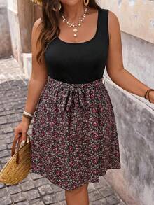 SHEIN VCAY Plus Size Women Leisure Holiday Floral Patchwork Dress Summer Outfits Country Rave Festival Beach Vacation Sundress Boho Black - Multicolor - View 8