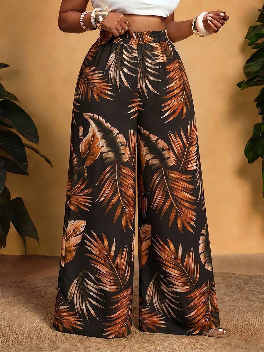 Slaydiva Plus Size Vacation Casual Boho Botanical Print Wide Leg Pants Beach Gym Brown Autumn Fall - Multicolor - View 1