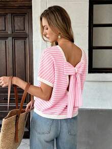 SHEIN PariChic Women's New Round Neck Short Sleeve Back Bow Striped Top, Suitable For Travel, Shopping And Dating Outfits - Pink - View 2