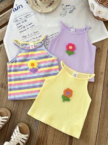 SHEIN LMoss Kids Conjunto de 3 piezas para bebé niña, top de punto color liso con patchwork floral 3D y rayas - Púrpura malva - Ver 5