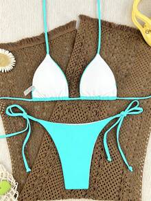 Oceva Women's Summer Beach Solid Color Halter Neck Tie Sexy Fashion Bikini Two-Piece Swimsuit Set - Mint Blue - View 2