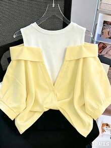 GlowEve 女款假兩件刺繡襯衫，夏季套裝，女款度假套裝，黑白拼接上衣度假套裝女款 - 鵝黃色 - 查看 2