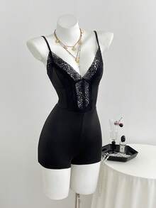 Elamini Spring Summer Autumn Fashion Sexy Avant-Garde Commuter Black Knit Lace Patchwork Low Cut Camisole Off-Shoulder Backless Slim Fit Waist-Cinched Short Jumpsuit For Women - Black - View 6