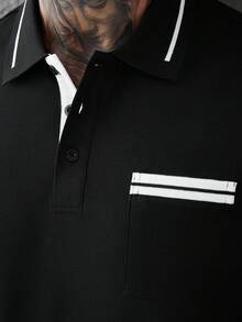 SLATEMANN 男士條紋短袖休閒口袋 Polo 衫，儀式款 - 黑色 - 查看 7