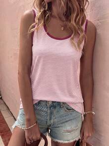 EMERY ROSE Fashion Casual Basic New Retro Color-Block Striped Contrast Burgundy Collar And Cuffs Women's Tank Top - Multicolor - View 4