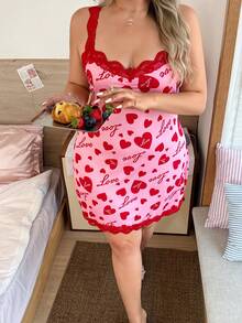 Slumberry CURVE Sweet Hot Girl Ins Heart Text Print Colorblock Lace Patchwork Fitted Mini Plus Size Women's Nightgown - Red - View 5