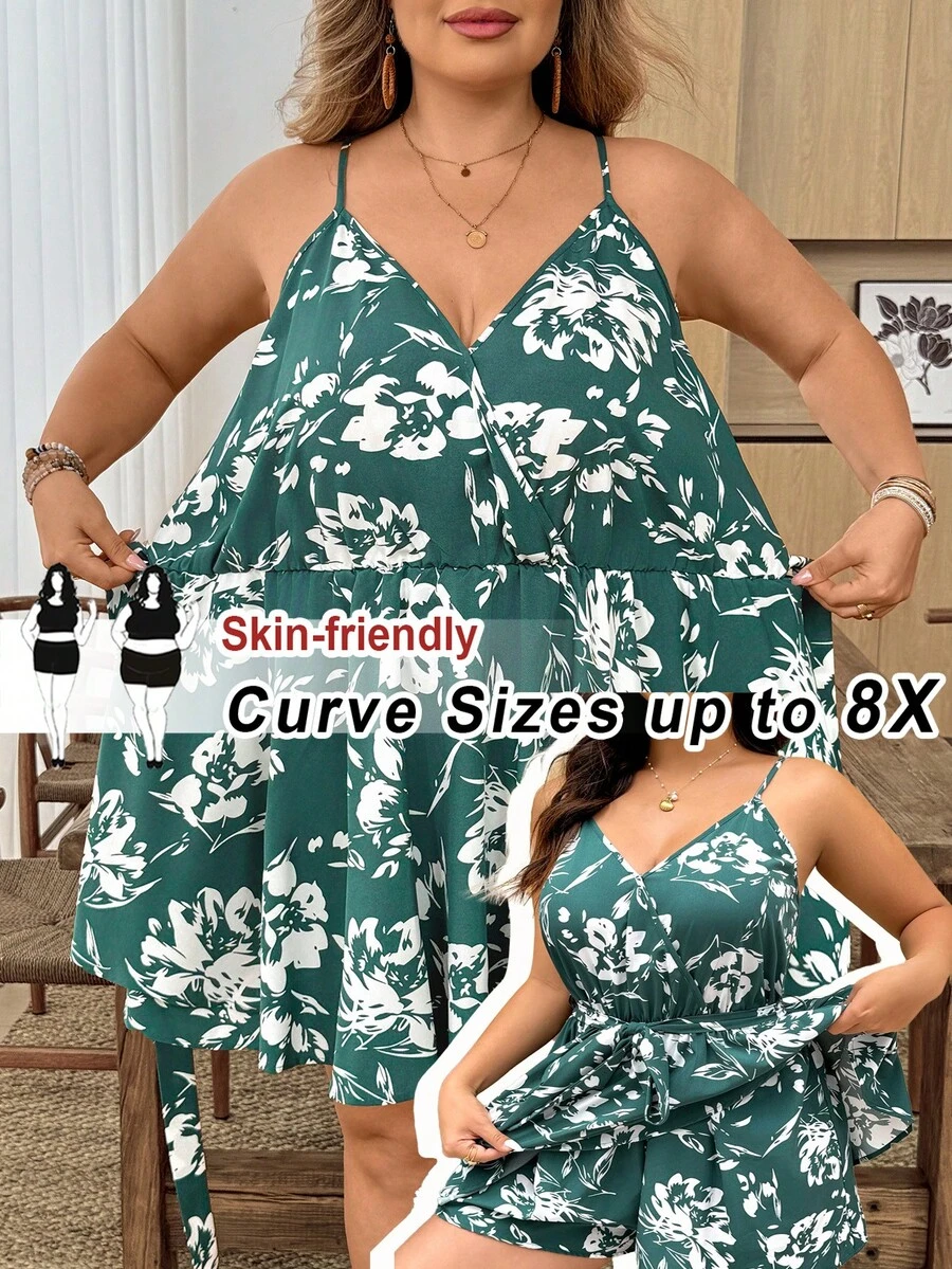 SHEIN CURVE+ 大尺碼花卉印花細肩帶綁腰連身褲 - 彩色 - 查看 1