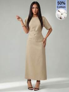 SHEIN PETITE 女款夏季純色亞麻混紡休閒優雅洋裝，棉混紡舒適，適合春夏度假穿搭，收腰顯瘦 - 杏色 - 查看 10