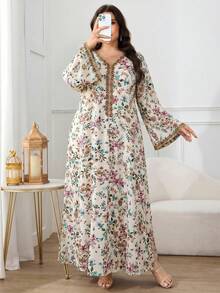 Al Najma 大尺碼女款V領綠色花卉印花休閒希賈布端莊派對杜拜度假婚禮阿拉伯長裙 - 彩色 - 查看 7