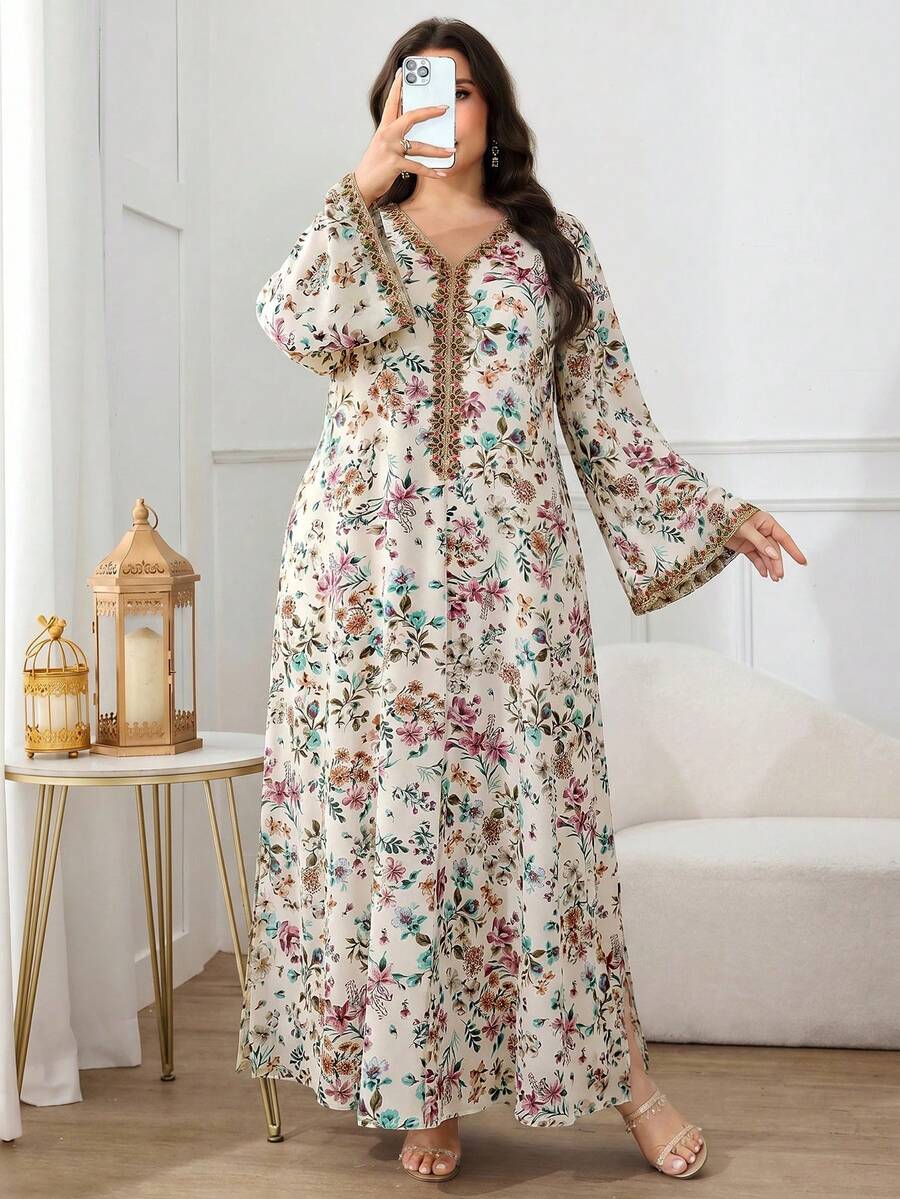 Al Najma 大尺碼女款 V 領米色花卉印花休閒 Ninang 夏威夷式希賈布端莊派對泰國度假家庭杜拜婚禮阿拉伯風連身裙 秋季