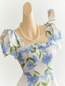 Elamini Full Floral Print Tie Waist A-Line Mini Dress - Multicolor - View 5