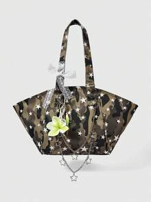 ROMWE Goth An American-Style Retro Camo Shoulder Bag With Star-Patterned Chains, Lace, And A Bow Embellishment For The Armhole. - Multicolor - View 1