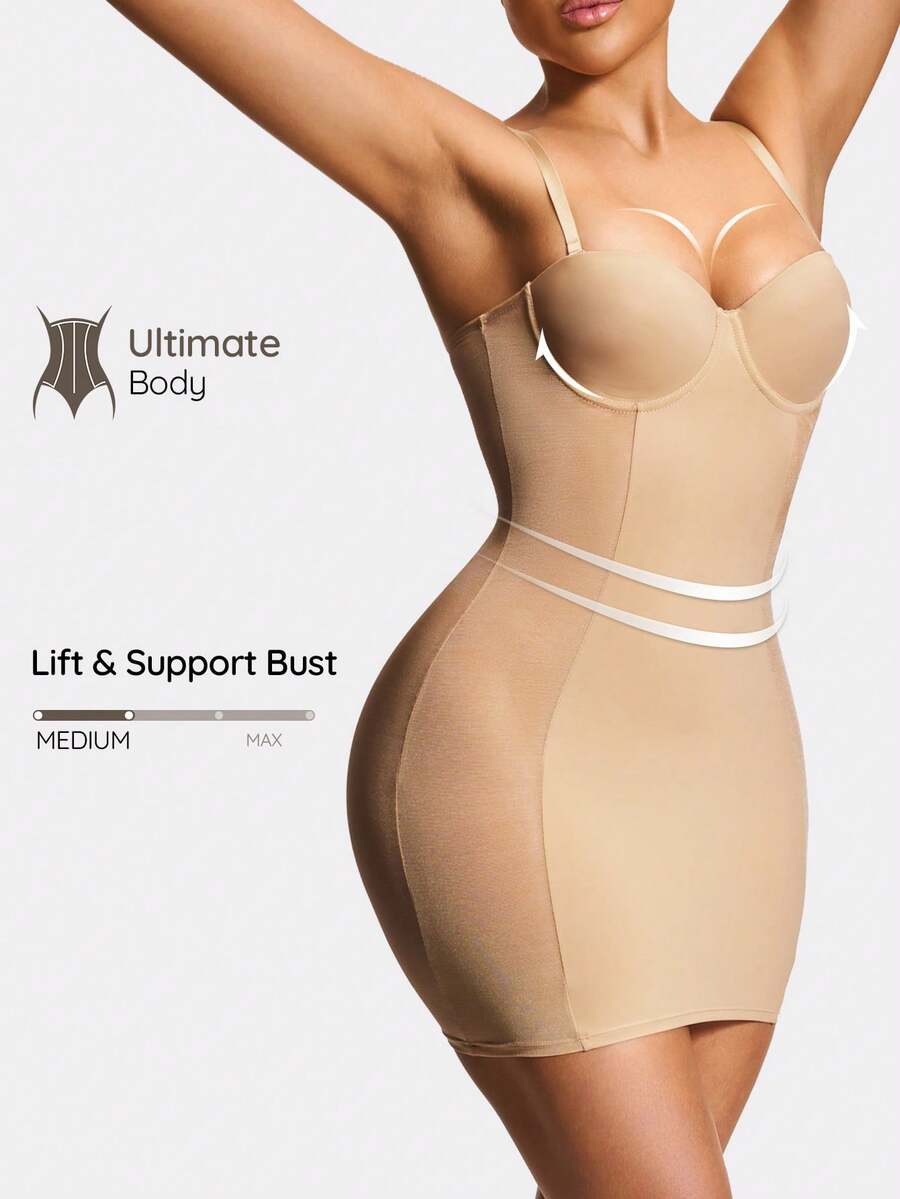 SHAPORA Shaping Underwire Cupped Shapewear Slip Dress Body Shaper Bust& Butt Lifter-Tummy Waist Thigh Control - Apricot - View 1