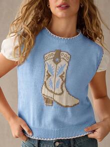 WESTFADE Cowboy Boot Contrast Stitch Sweater Vest Tops, 4th Of July, Country Style For Women - Baby Blue - View 3