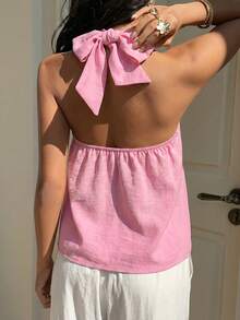 SHEIN EZwear 女士夏季沙滩度假粉色编织扭结露背上衣 - 粉色 - 查看 2