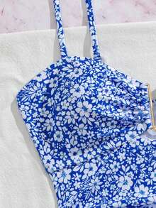 Swim Lushoire 女款藍色花卉U領連身泳衣，適合海灘熱帶度假、夏季輕盈派對 - 藍色 - 查看 6