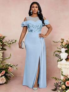 Fleurora Plus Size Light Blue Dress,Elegant Sequin Patchwork Off-Shoulder Maxi Gown,Summer Spring Wedding Guest Dress For Women,Formal Evening Party Dress - Blue - View 6